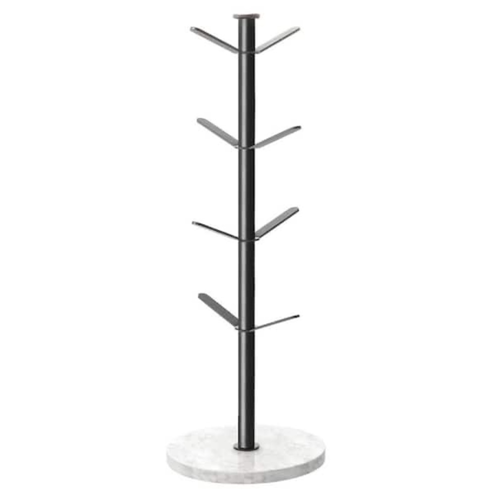 Modern Matte Black Mug Tree Stand w/ Marble Base – 8 Hook 18” Tall